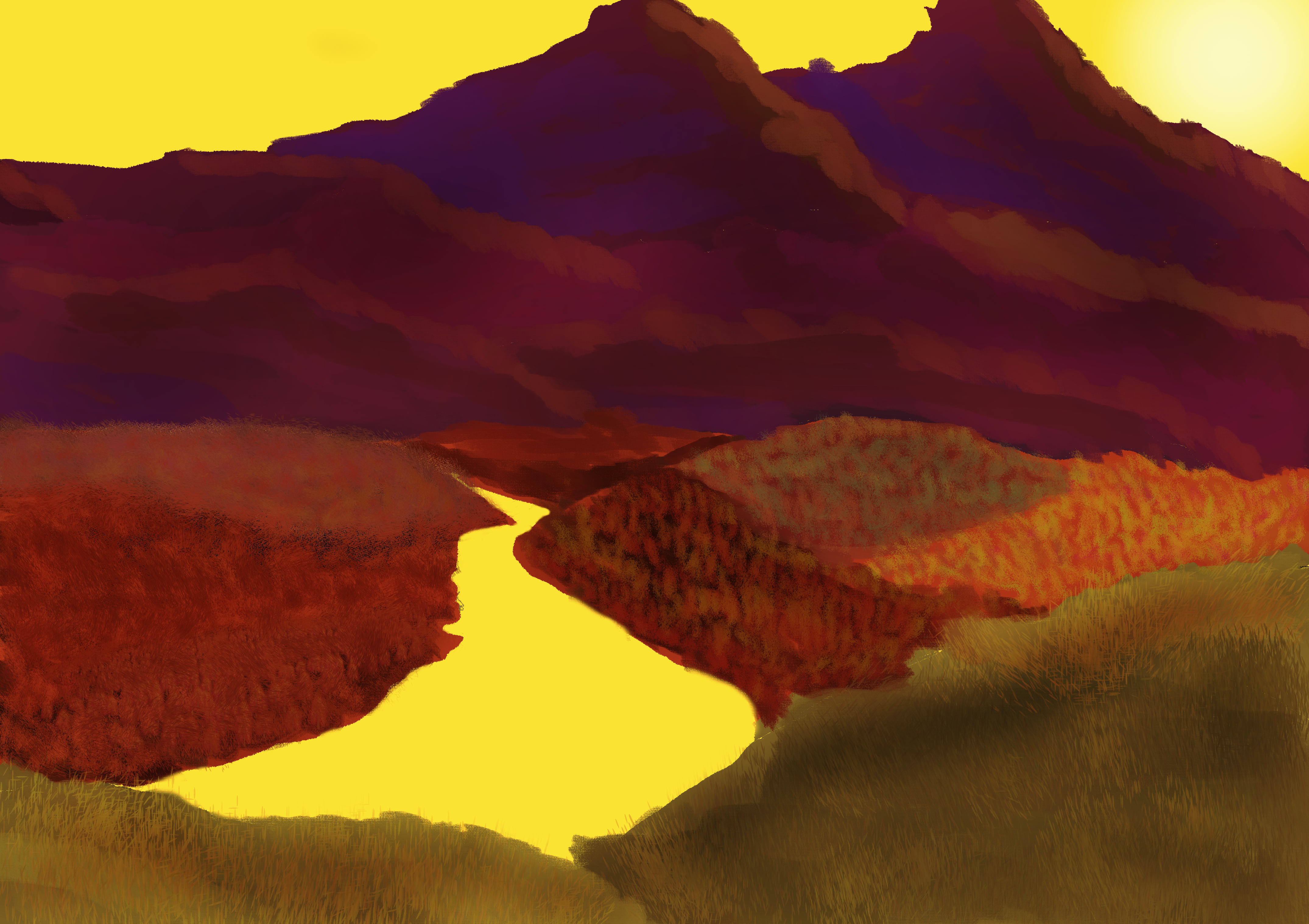 A digital painting of a mountain range during a sunset.
