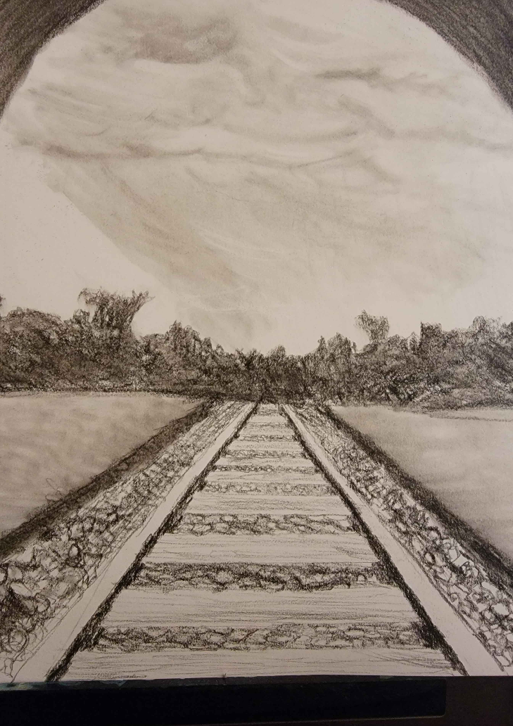 A pencil sketch of train tracks disappearing into the distance.